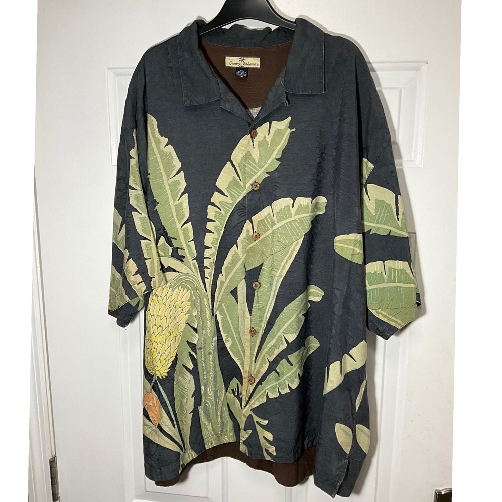 Tommy Bahama Relax Mens XXL Silk Banana Leaf Pineapple Tropical Camp Shirt Grey